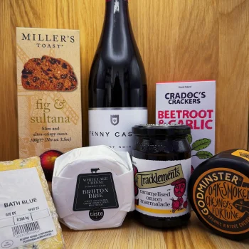 Cheese and wine hamper inside
